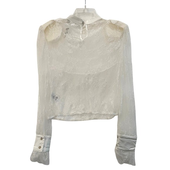 Bloomingdale's CQ by CH Small Off-White Sheer Mesh Lace Ruffle Satin Trim Blouse - Picture 5 of 8